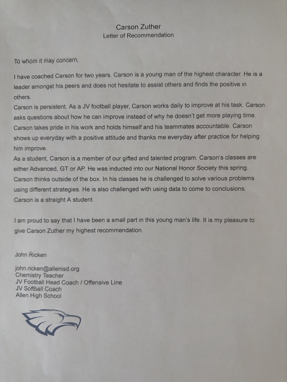 Letter of recommendation for Carson Zuther from John Ricken