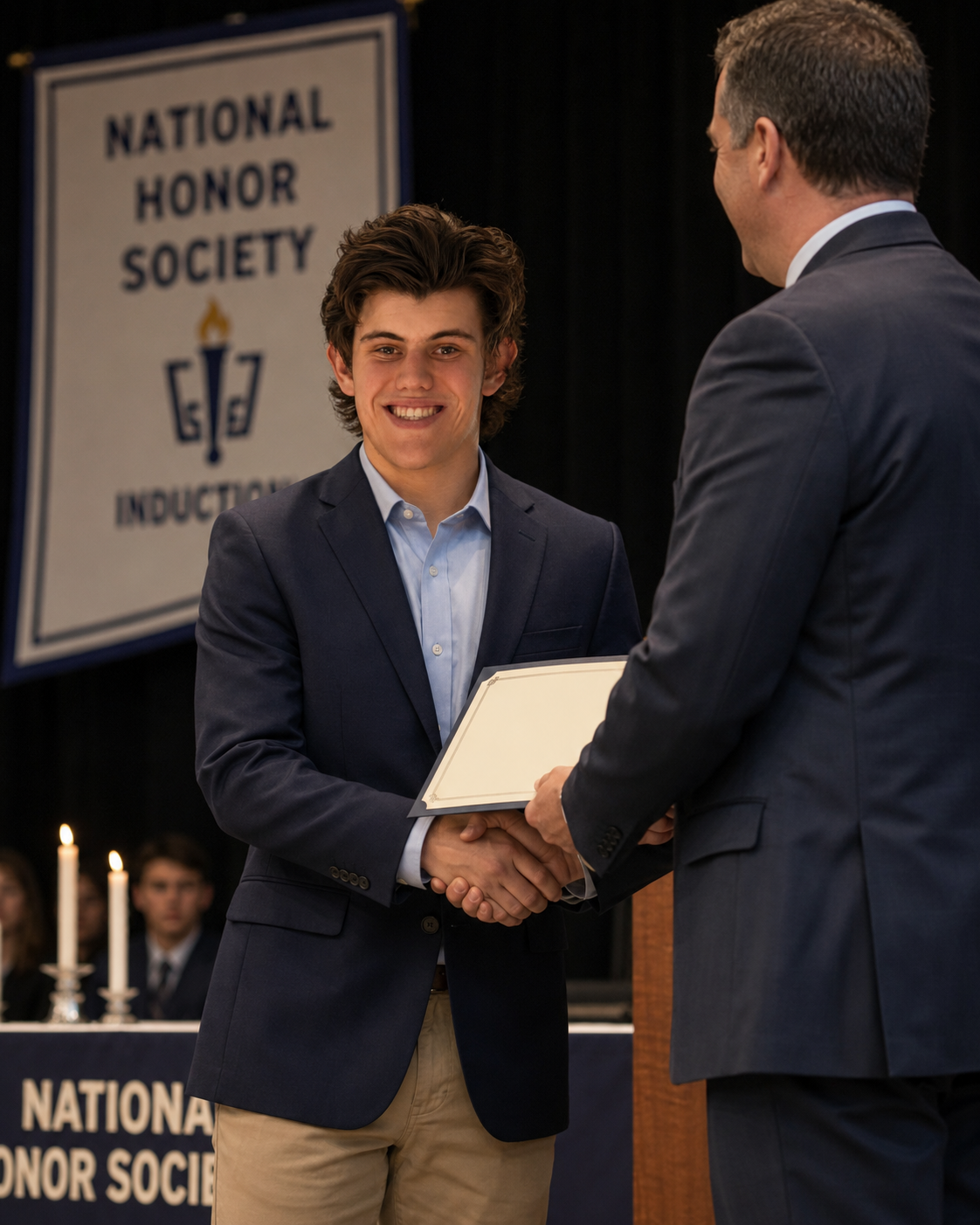 Carson Zuther at a National Honor Society induction ceremony receiving a certificate